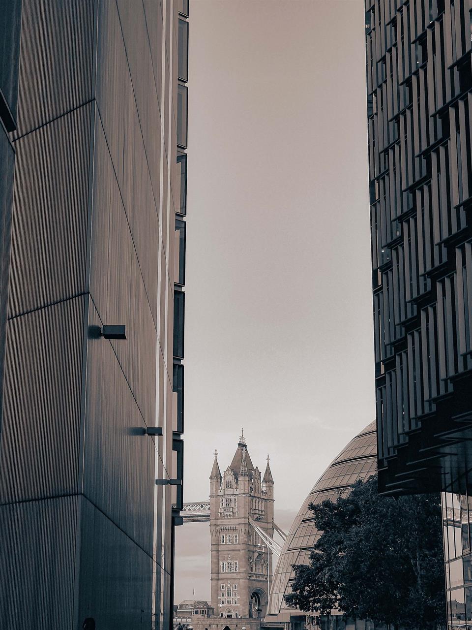 London business district architecture with Tower Bridge in the background